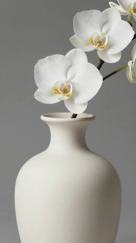 closeup bone-colored ceramic vase with minimalist white bloom