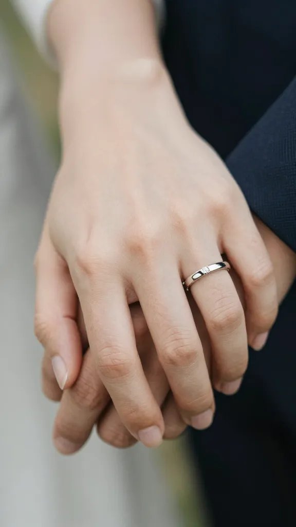 closeup of a couple’s intertwined hands with non-negotiable ring on wedding band