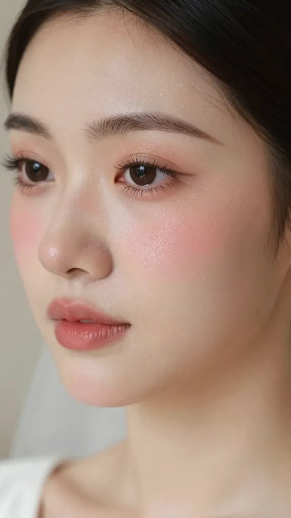 Closeup of a bride with dewy skin and soft rosy blush