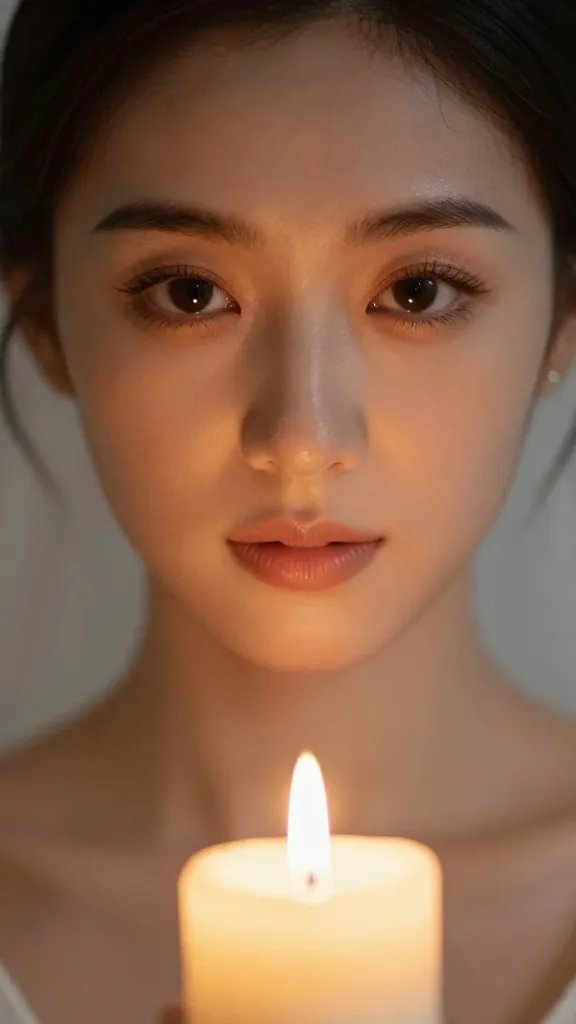 Closeup of candlelit glow highlighting natural definition on bride’s cheeks