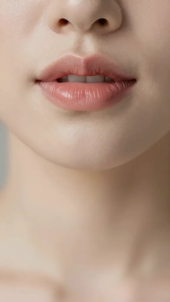 Closeup of bride’s lips in effortless nude-p rose lip color, soft glow