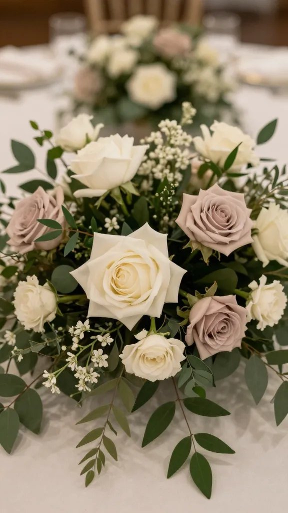 Closeup of a cohesive table centerpiece with neutral florals and greenery