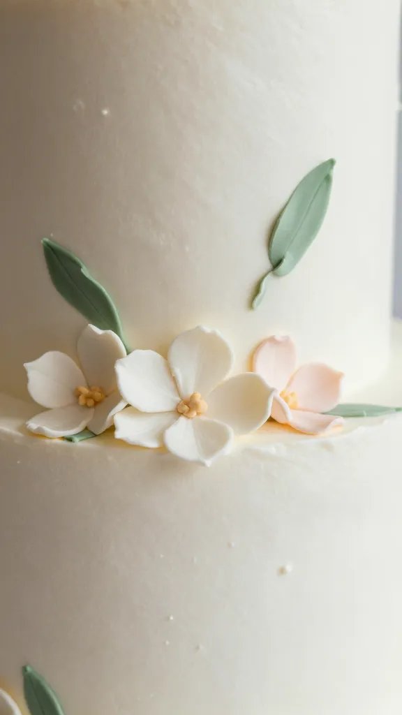 Closeup of a cake adorned with simple, elegant floral accents