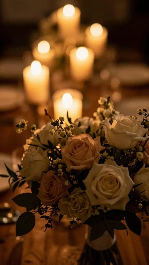 closeup of warm amber wedding bistro lights glowing behind a bouquet