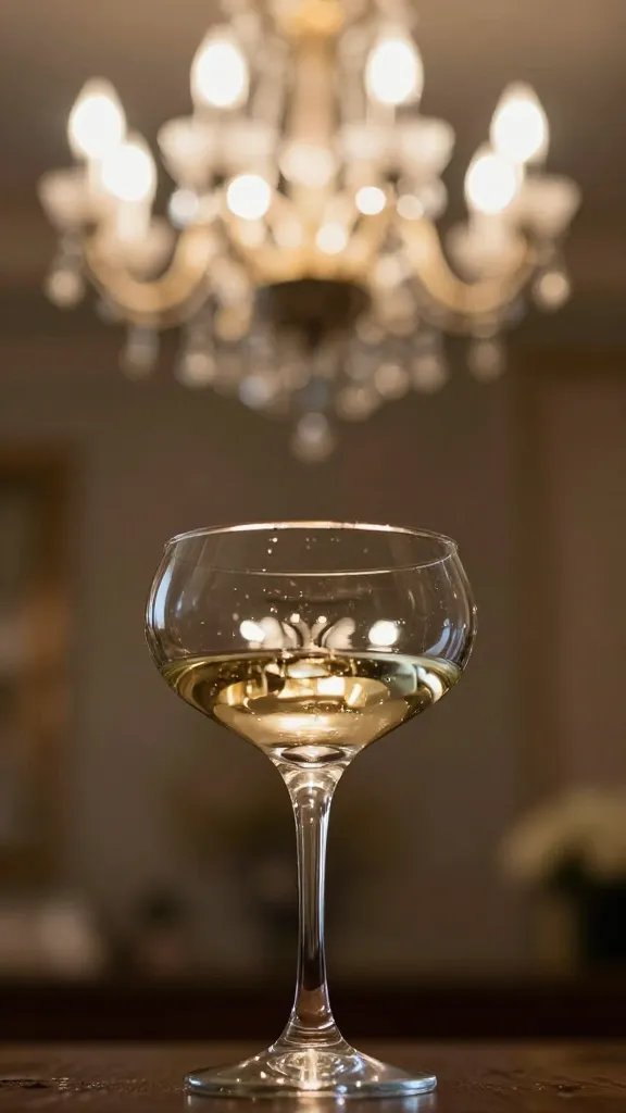 focused shot of elegant chandelier glow reflecting on champagne flute rim