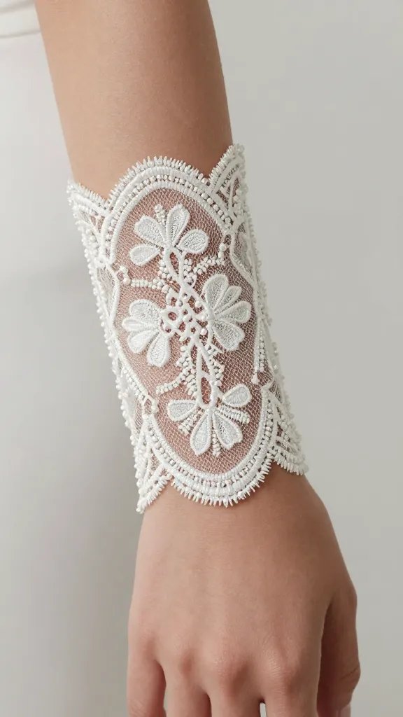 closeup of a wedding dress lace cuff with intricate beadwork