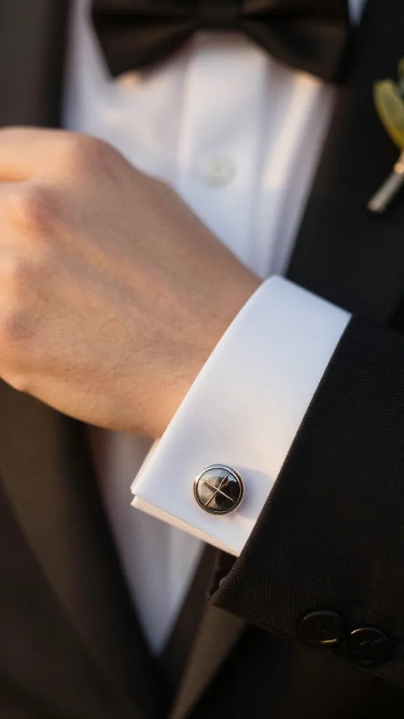 closeup of a groom’s cufflink under soft golden-hour lighting