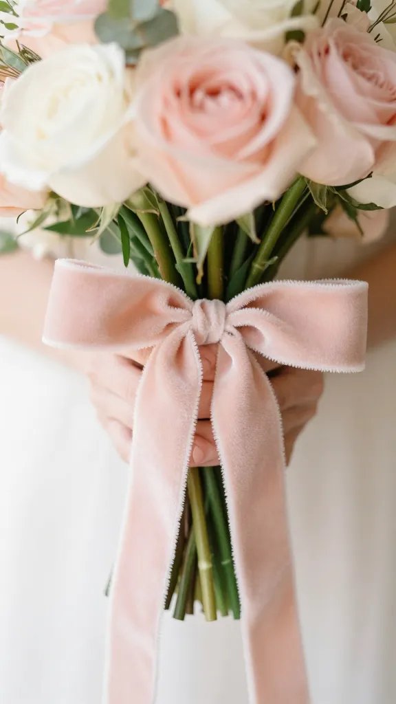 closeup of a soft blush wedding bouquet with velvet ribbon