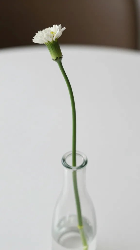 closeup of a single floral stem in a clear vase on a white tablecloth