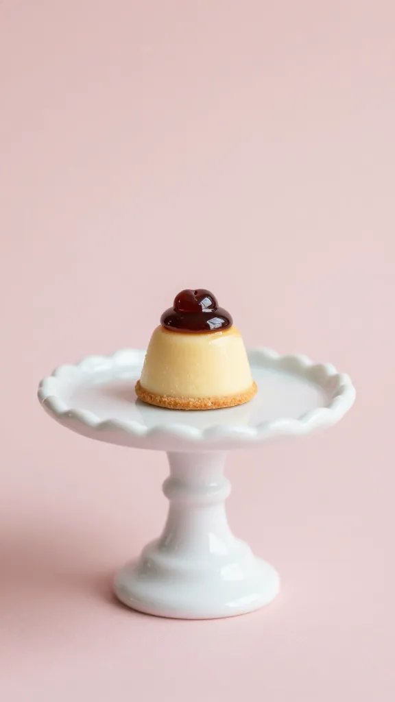 closeup of a tiny cake stand with a single dessert and soft blush backdrop
