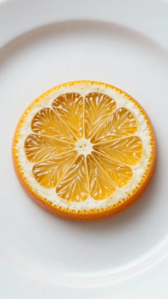 closeup of a glass citrus slice ornament alone on a clean white plate