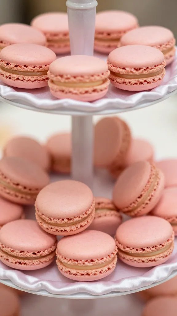 closeup of blush pink macarons on satin dessert stand