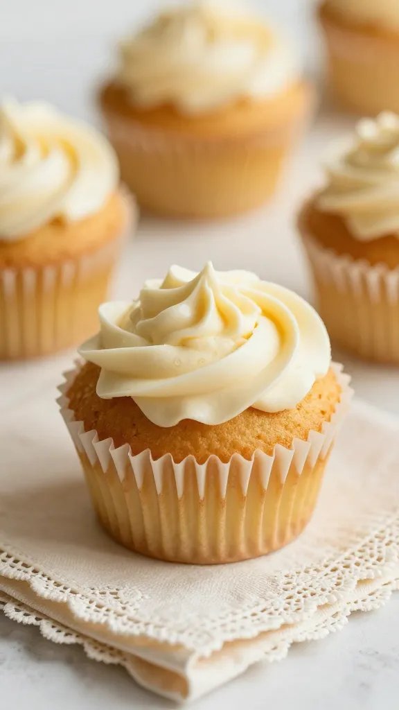 closeup of gold foil cupcake with ivory napkins and lace trim