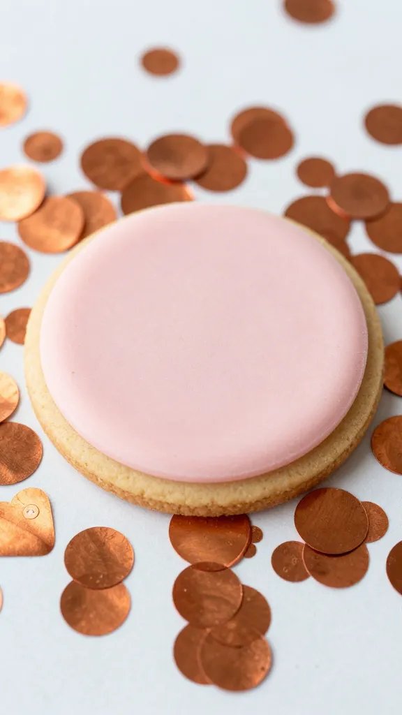 closeup of copper confetti sprinkled beside a single blush fondant cookie