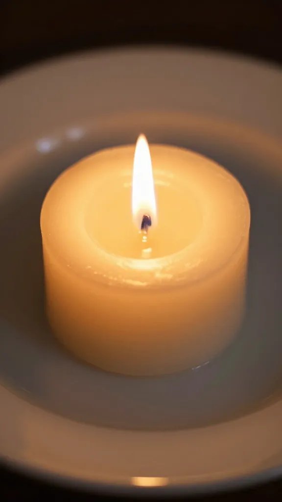 closeup of warm gold candle flame glow on dessert plate