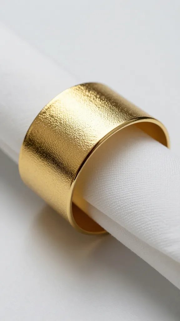 closeup of shimmery metallic gold napkin ring on table