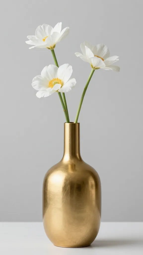 closeup of gold-white minimalist centerpiece vase with bloom