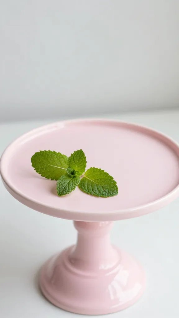 Closeup: blush pink cake stand with mint sprigs, pastel birthday vibe