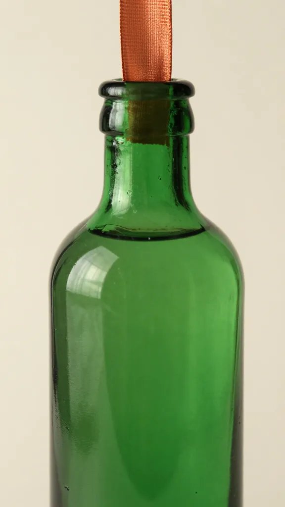 Closeup: emerald green glass bottle with copper ribbon, ivory backdrop
