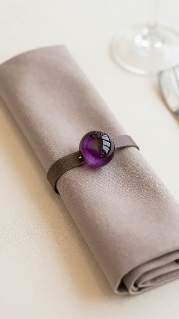 Closeup: taupe napkin fold and plum accent ring, cream tablecloth