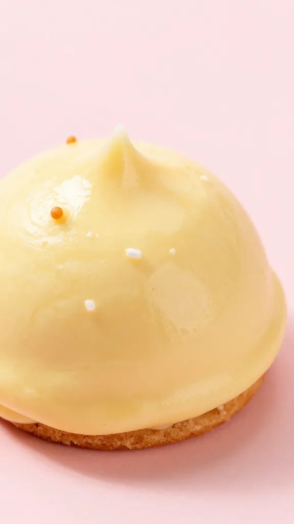 Closeup: single buttercream-yellow dessert with subtle sprinkles, soft pink background
