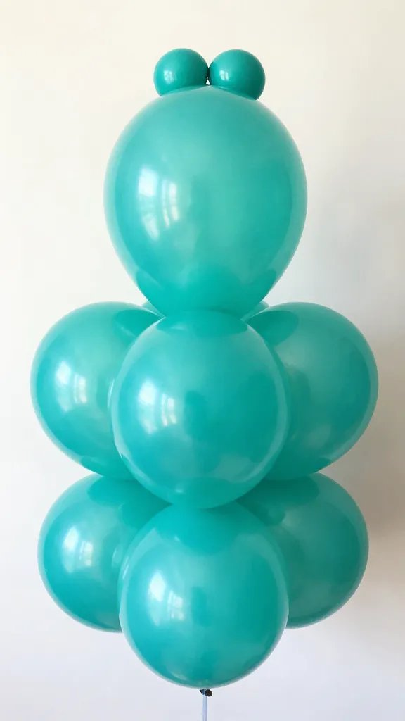 Closeup teal balloon bouquet against white wall