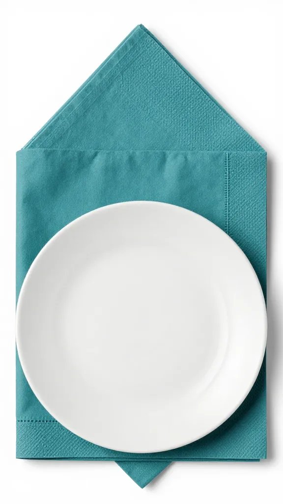 Teal napkin fold with single white plate, macro shot