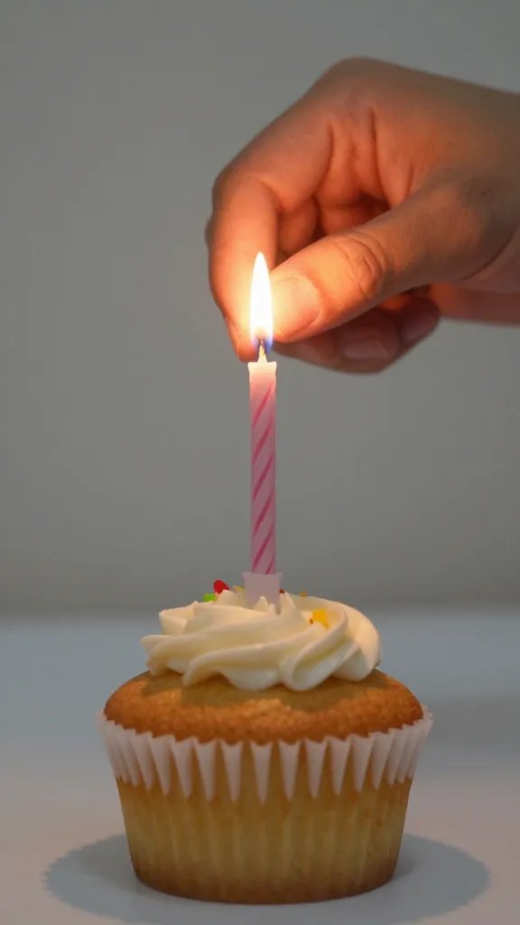Close-up of a hand placing a birthday candle on a single cupcake