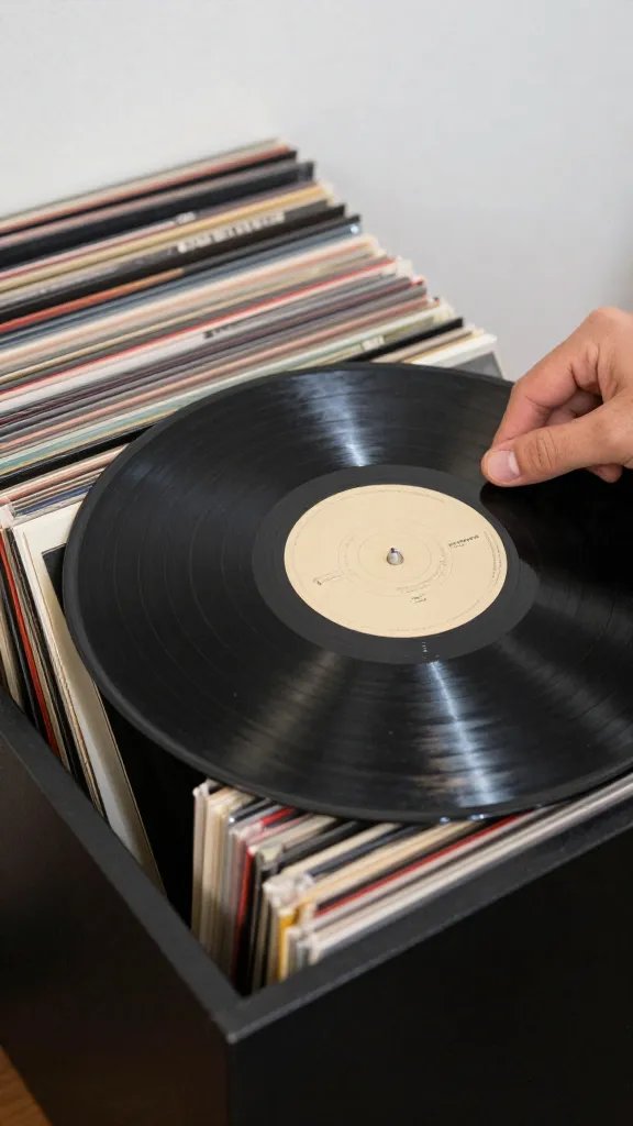 Close-up of a vinyl record being picked from a single stack
