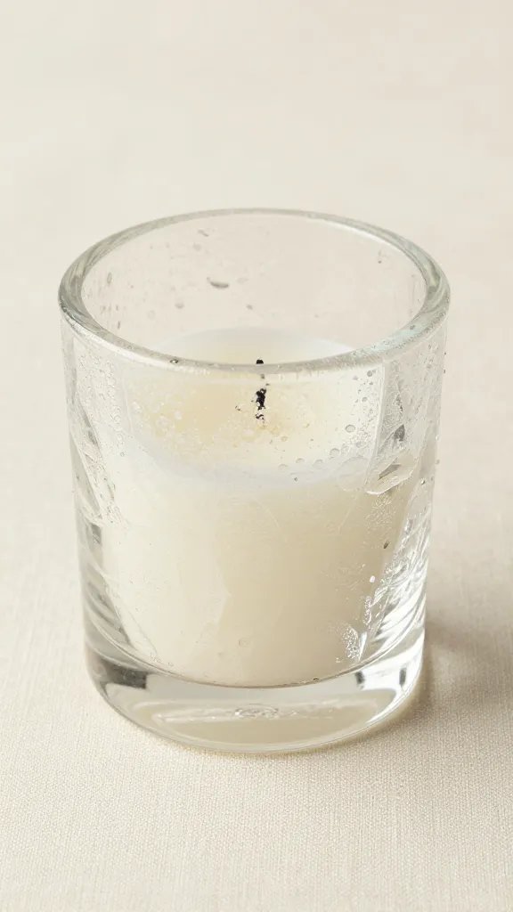 closeup of crystal votive candle on ivory linen