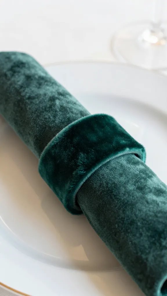closeup of emerald velvet napkin ring against champagne plate