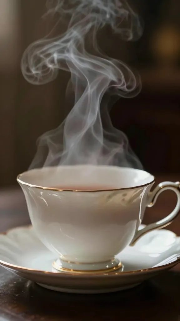 closeup of a cozy vintage teacup with steam