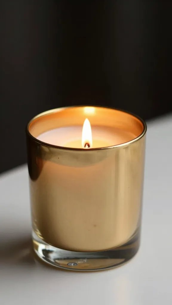 elegant candles in minimalist gold holder, closeup