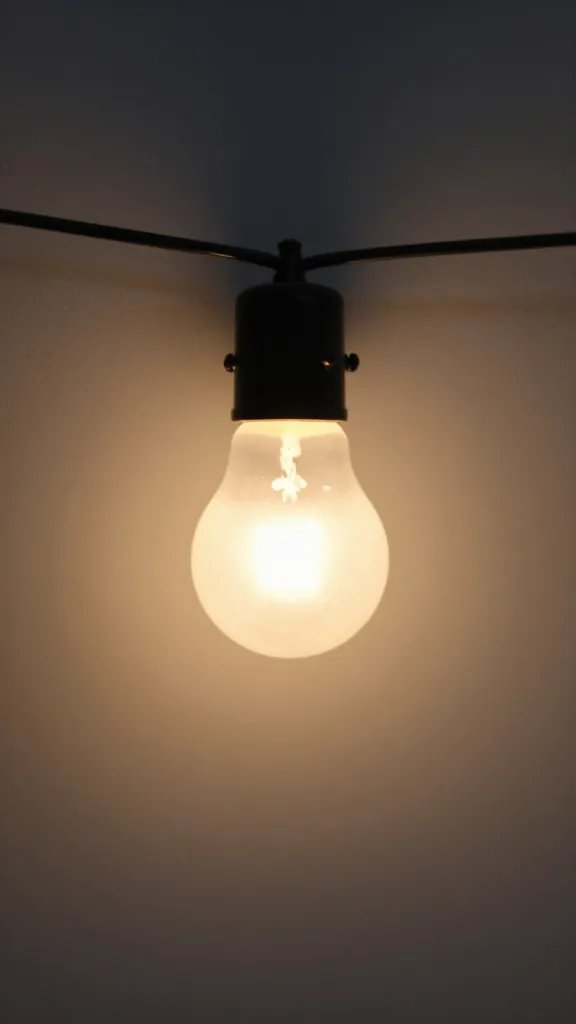 nostalgic string lights, single soft-focus bulb in foreground