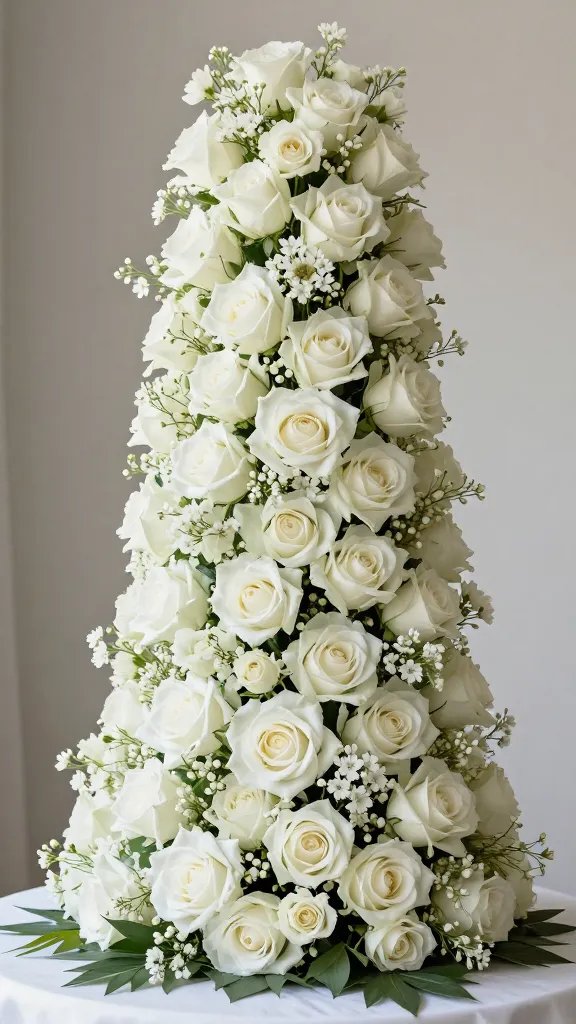 Closeup of a towering birthday centerpiece bouquet on a table