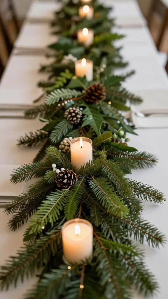 Closeup of a lush garland running the table edge with candles