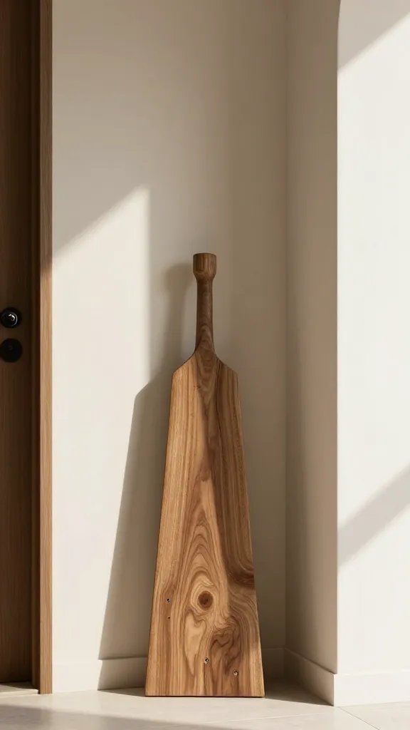 closeup of a sunlit, simple entryway vignette with one striking decorative piece
