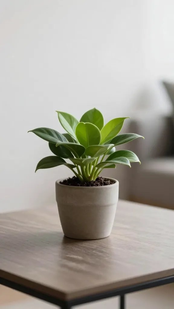 Focused shot of a lone potted plant on a coffee table