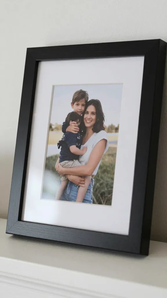 Closeup of a single framed photo on a mantel