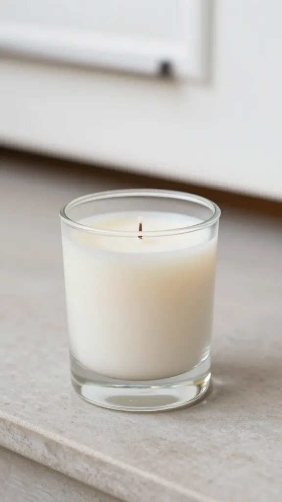 closeup of a scented candle on a tidy doorstep
