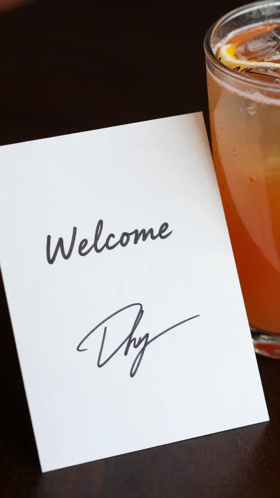 closeup of a welcome note with signature drink beside it
