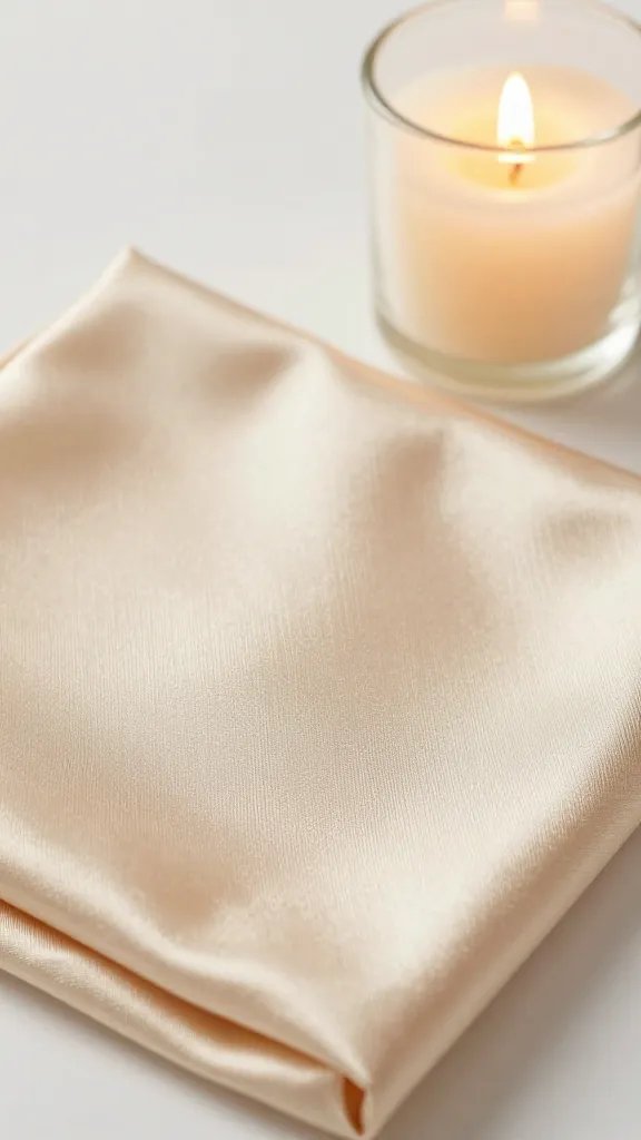 closeup of a satin champagne-colored napkin under candlelight