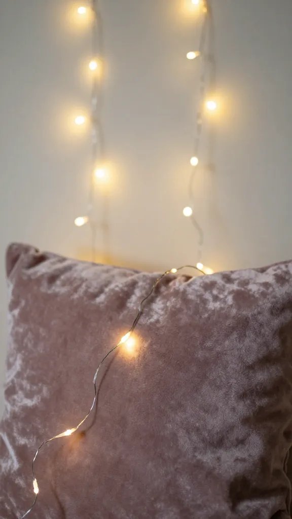 closeup of fairy string lights softly bokeh behind a velvet cushion