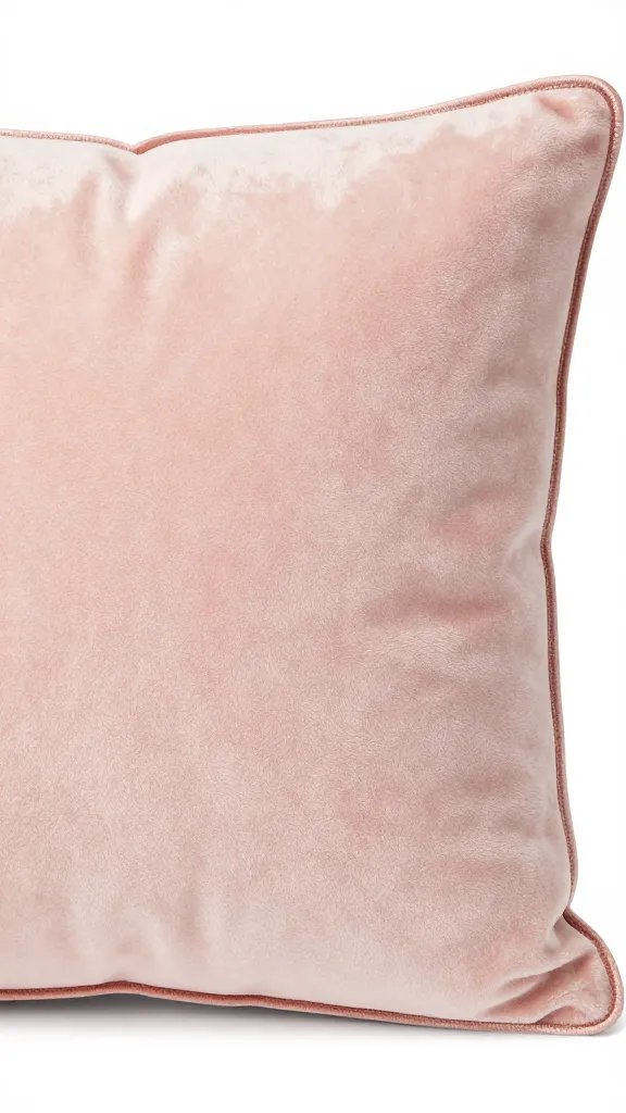closeup of blush velvet cushion with rose gold piping