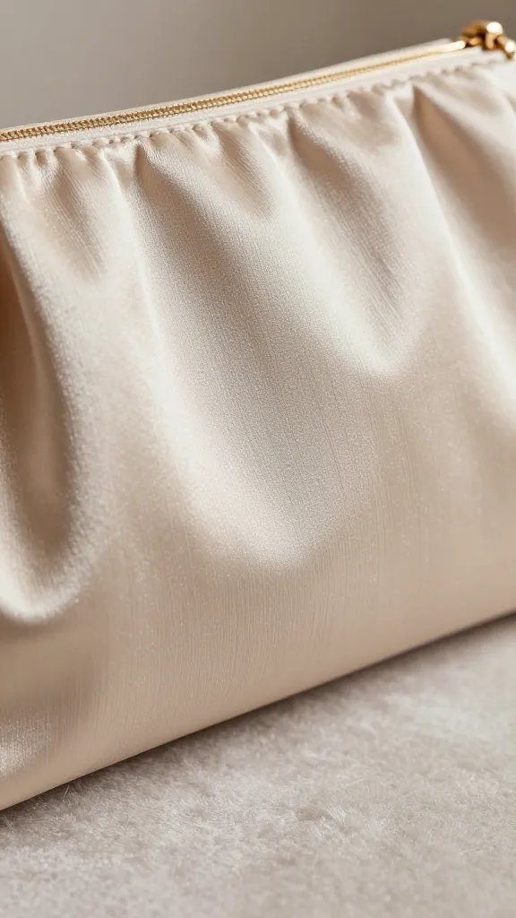 closeup of champagne satin clutch resting on velvet
