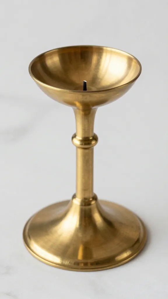 closeup of brushed brass candle holder on marble surface