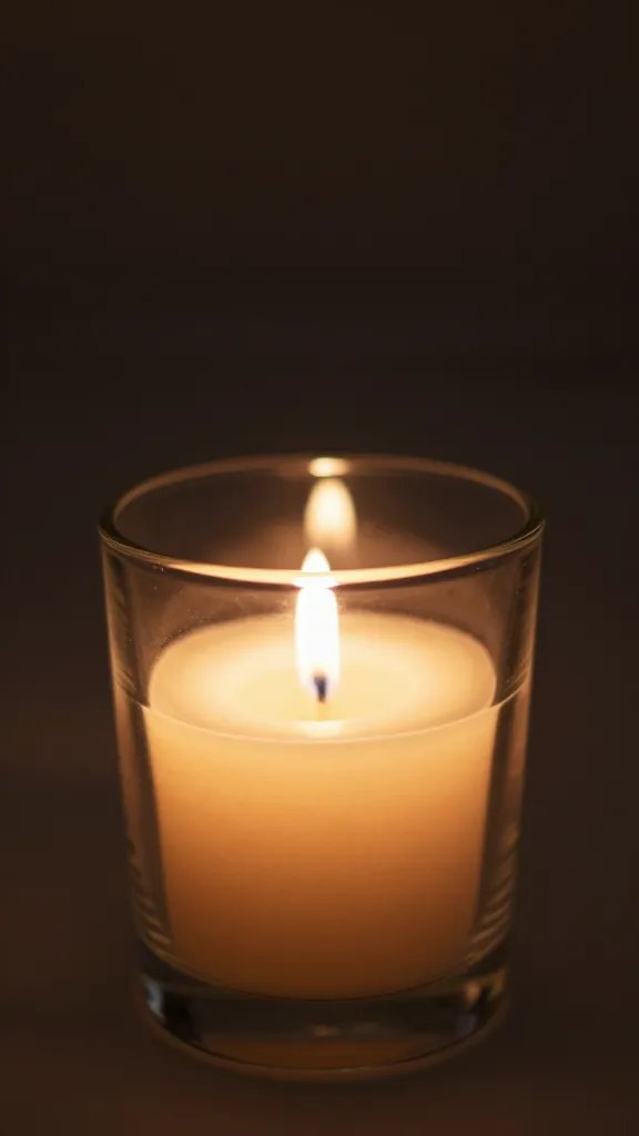 closeup of a single glass votive with warm candlelight