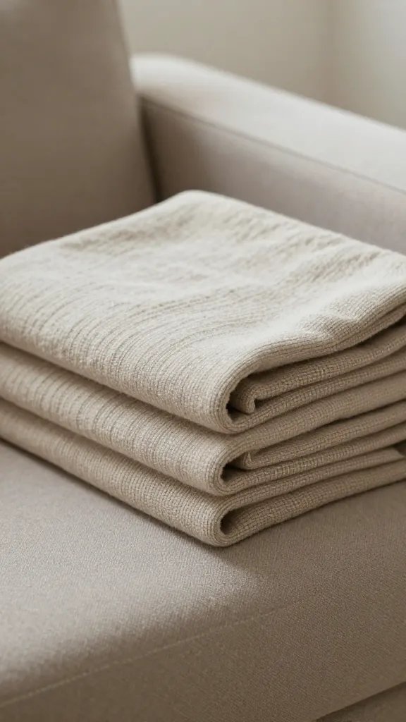 closeup of a cozy throw neatly folded on a sofa arm