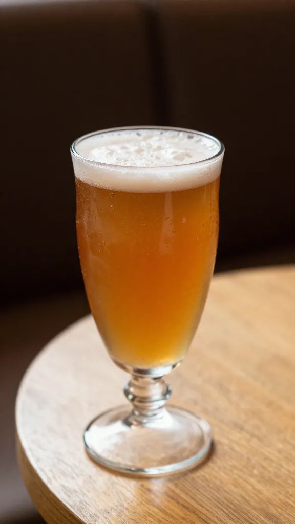 closeup of a glass of welcome beverage on a side table with warm lighting