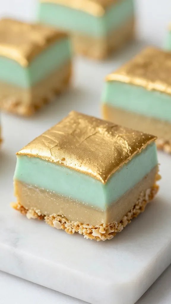 closeup of minty–gold dessert bar detail on marble surface